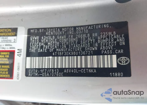 2011 Toyota Camry Le из США, поврежденный, VIN 4T1BF3EK9BU136721